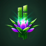 Purple lotus flower with spark of white light coming out of it with 2 green bamboo sticks behind